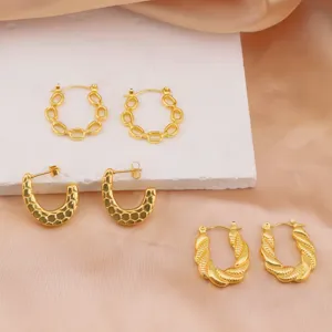 Gold plated fashion hoop earrings set featuring chain, honeycomb and twisted designs for women.