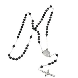 Black beaded rosary necklace with silver crucifix pendant, vintage religious prayer jewelry.