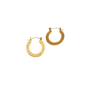 Gold plated stainless steel hoop earrings with elegant Greek key pattern for women daily wear