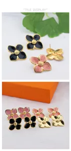 French niche luxury stainless steel drip glaze four petal flower earrings for women elegant.