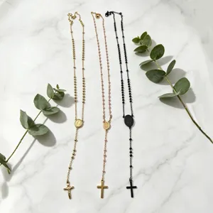Stainless steel bead long necklace cross pendant fashion religious jewelry for women and men