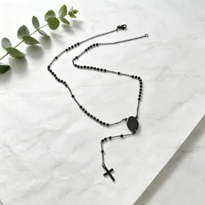 Black stainless steel rosary bead necklace with cross pendant, fashion punk style jewelry for daily wear.