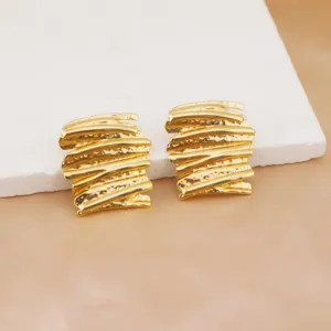 Gold Plated Abstract Textured Stud Earrings Minimalist Vintage Style Jewelry Detail Shot