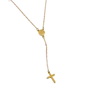 Stainless steel long necklace with pink enamel beads and cross pendant, versatile fashion jewelry.