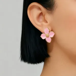 French niche pink four-petal flower earrings, chic metal drip glaze retro jewelry for women.