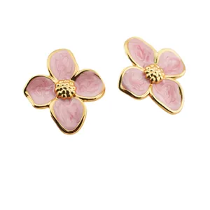 French minimalist pink enamel four-petal flower stainless steel stud earrings for women.