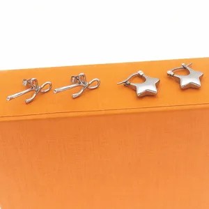 Minimalist Stainless Steel Bowknot And Star Stud Earrings For Women Niche Design Geometric Fashion Jewelry