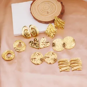Trendy minimalist gold-plated stainless steel statement geometric earrings set for women.
