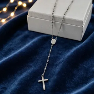 Stainless steel cross rosary necklace with round beads, elegant clavicle chain, retro jewelry.