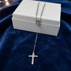 Stainless steel rosary necklace with cross pendant, retro religious beaded clavicle chain jewelry.