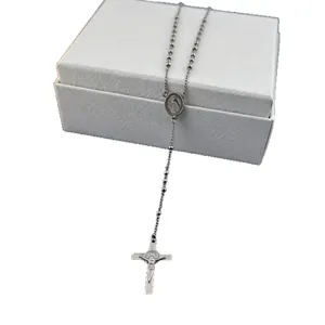Stainless steel rosary necklace with cross pendant, vintage beaded chain jewelry for daily wear.