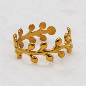 Minimalist Stainless Steel Open Ring For Women Gold Plated Leaf Adjustable Fashion Jewelry Finger Ring Gift