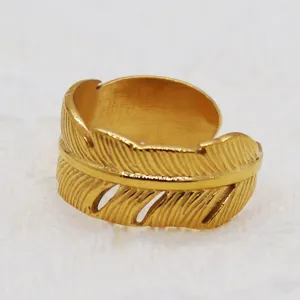 Minimalist gold titanium steel open ring, chic leaf design for women trendy fashion jewelry.