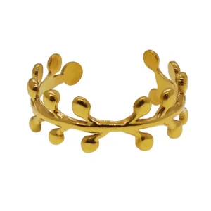 Minimalist gold leaf open ring in titanium steel, chic Korean style fashion finger ring for daily wear.