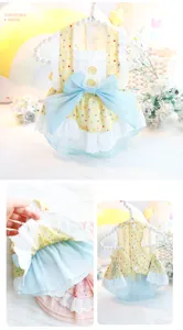Cute floral polka dot pet dog princess dress with blue bow and lace for small dogs summer wear.