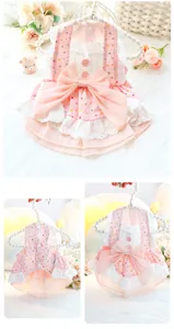Pink polka dot pet princess dress with bow and lace for small dogs and cute puppies.