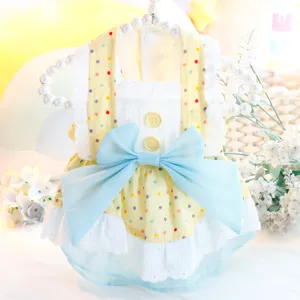 Cute dog summer princess dress with lace and bow, sweet polka dot pet clothes for small dogs.