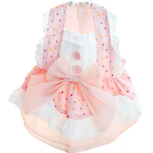 Cute pink polka dot dog dress with big bow and lace, perfect for small pets in spring and summer.
