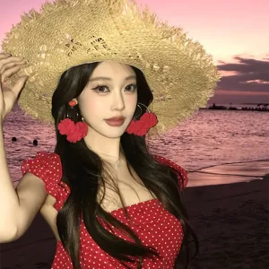 Red tassel flower earrings resort style elegant beach fashion jewelry sweet charming chic