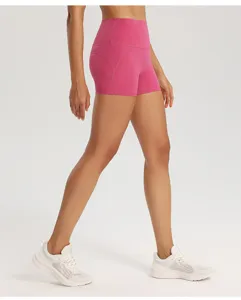 Pantaloncini da yoga aderenti a vita alta da donna, abbigliamento sportivo rosa fitness.