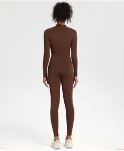 Damen langarm gerippter einteiliger Yoga Jumpsuit Fitness Sport Overall brauner Body