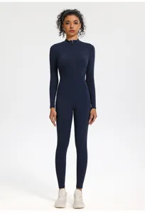 Langärmliger Reißverschluss Sport Fitness Jumpsuit für Damen einfarbig Yoga Lauf Body