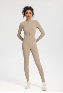 Khakifarbener langärmliger Yoga-Jumpsuit mit Reißverschluss, elastischer Fitness-Bodysuit.
