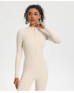 Damen langarm halbreissverschluss yoga jumpsuit activewear fuer fitness laufen workout.