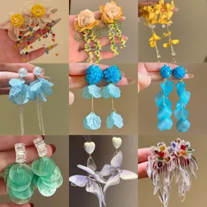 Handmade Fabric Flower Tassel Stud Earrings For Women Resort Style Chiffon Petal Drop Earrings With 925 Sterling Silver Post