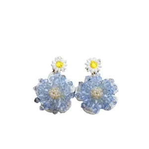 Handmade beaded flower earrings, freshwater pearl center, sweet vacation style jewelry.