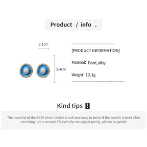 Vintage blue oil drop pearl earrings with S925 silver needle, elegant chic design for women.