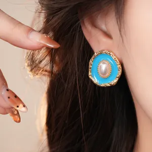 Vintage blue enamel oval pearl stud earrings, gold scalloped edge, elegant chic daily jewelry for women