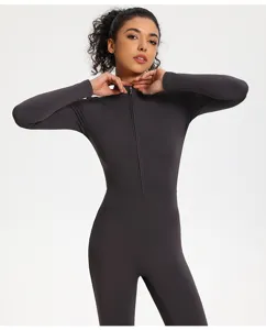 Dunkelgrauer langärmliger Fitness Yoga Jumpsuit mit Reißverschluss für Damen Sportbekleidung.