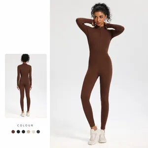 Damen Thermisch Fleece Gefüttert Langarm Jumpsuit Einfarbig Stehkragen Reißverschluss Schmale Passform Yoga Fitness Sport Body