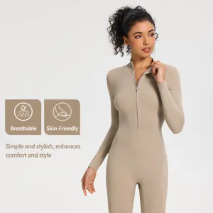 Damen Langarm Reißverschluss Einteiler Yoga Jumpsuit nahtloser enger Fitness Body