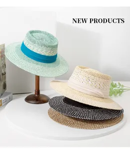 British style handmade woven straw hat with wide brim, chic fedora design for summer sun protection.