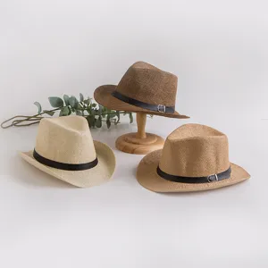 Men's Straw Cowboy Hat Summer Outdoor Sun Protection Beach Woven Fedora Hat Vintage Roll Up Brim Panama Hat