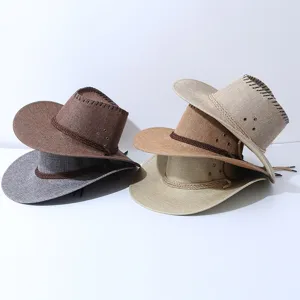 Men Women Western Cowboy Hat Straw Style Sun Protection Rolled Brim Outdoor Travel Beach Hat Polyester Fedora Cap