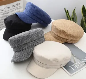 Casual cotton linen cadet cap detail, breathable flat top hat displaying fine fabric texture.