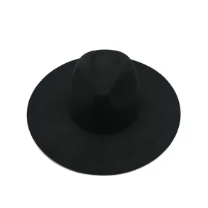 Black wide brim fedora hat detail, classic wool felt jazz hat for men and women retro style.