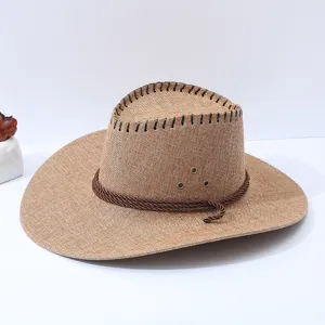 Men's cotton linen western cowboy hat for outdoor travel sun protection beach sun cap