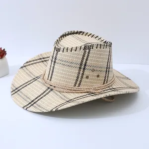 Detailed view of men's summer plaid straw cowboy hat with braided rope band and breathable eyelets.
