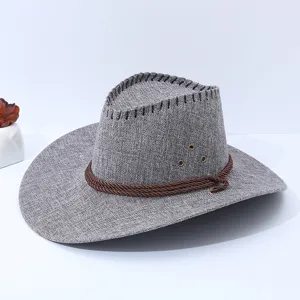 Grey cotton linen western cowboy hat with brown braided rope band and metal eyelets detail.