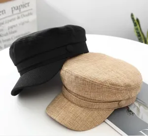 Spring summer women cotton linen sailor hat flat top casual sun protection visor cap white black