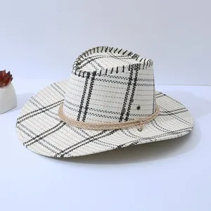 British plaid men's fedora straw hat summer outdoor sun protection large brim cowboy hat