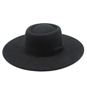 Black wool felt wide brim jazz hat with bow detail, elegant vintage dome hat for autumn winter.