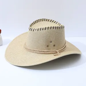 Cotton linen western cowboy hat outdoor travel sun protection beach straw fedora rolled brim