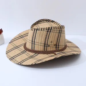Mens British Style Plaid Straw Hat Summer Outdoor Travel Sun Protection Wide Brim Fedora Cowboy Beach Hat