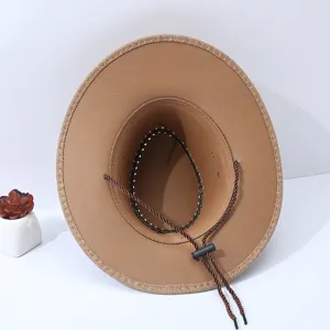 Detail view of cotton linen western cowboy sun hat interior, showing adjustable cord.