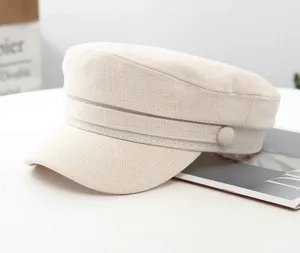 Women's spring summer cotton linen naval cap, minimalist flat top cadet hat detail view.